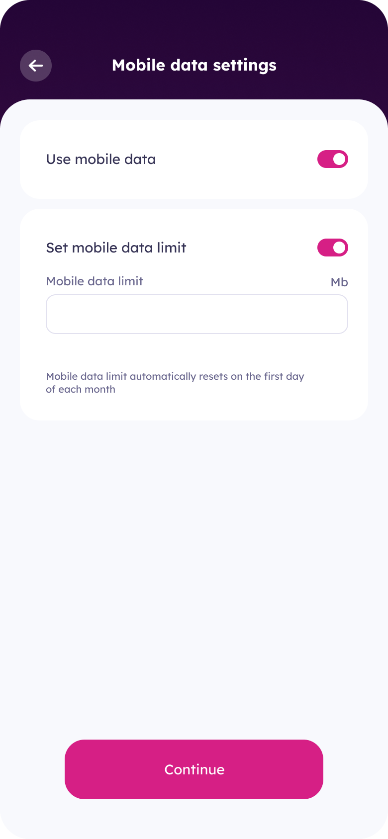 Mobile data setting screen